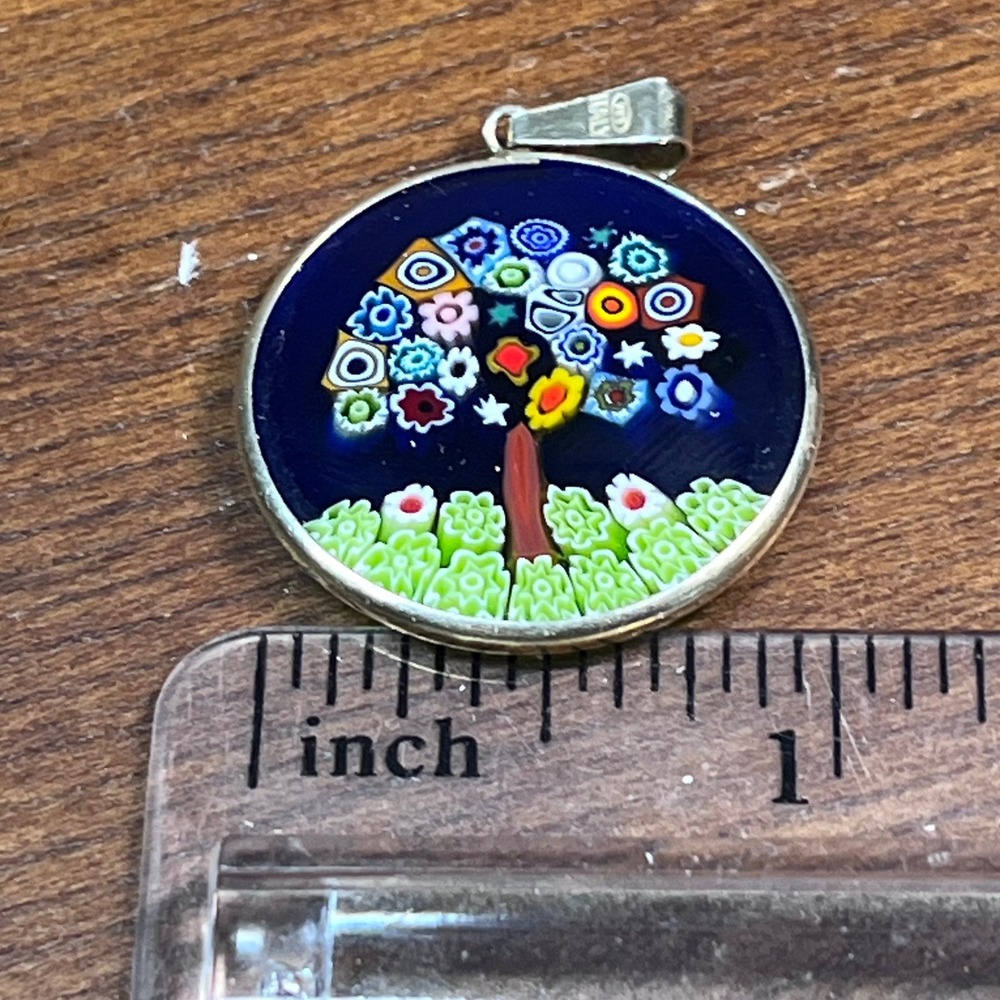 Vtg Millefiori Tree of Life Pendant 925 Sterling Silver Italy Blue Glass - Picture 4 of 6